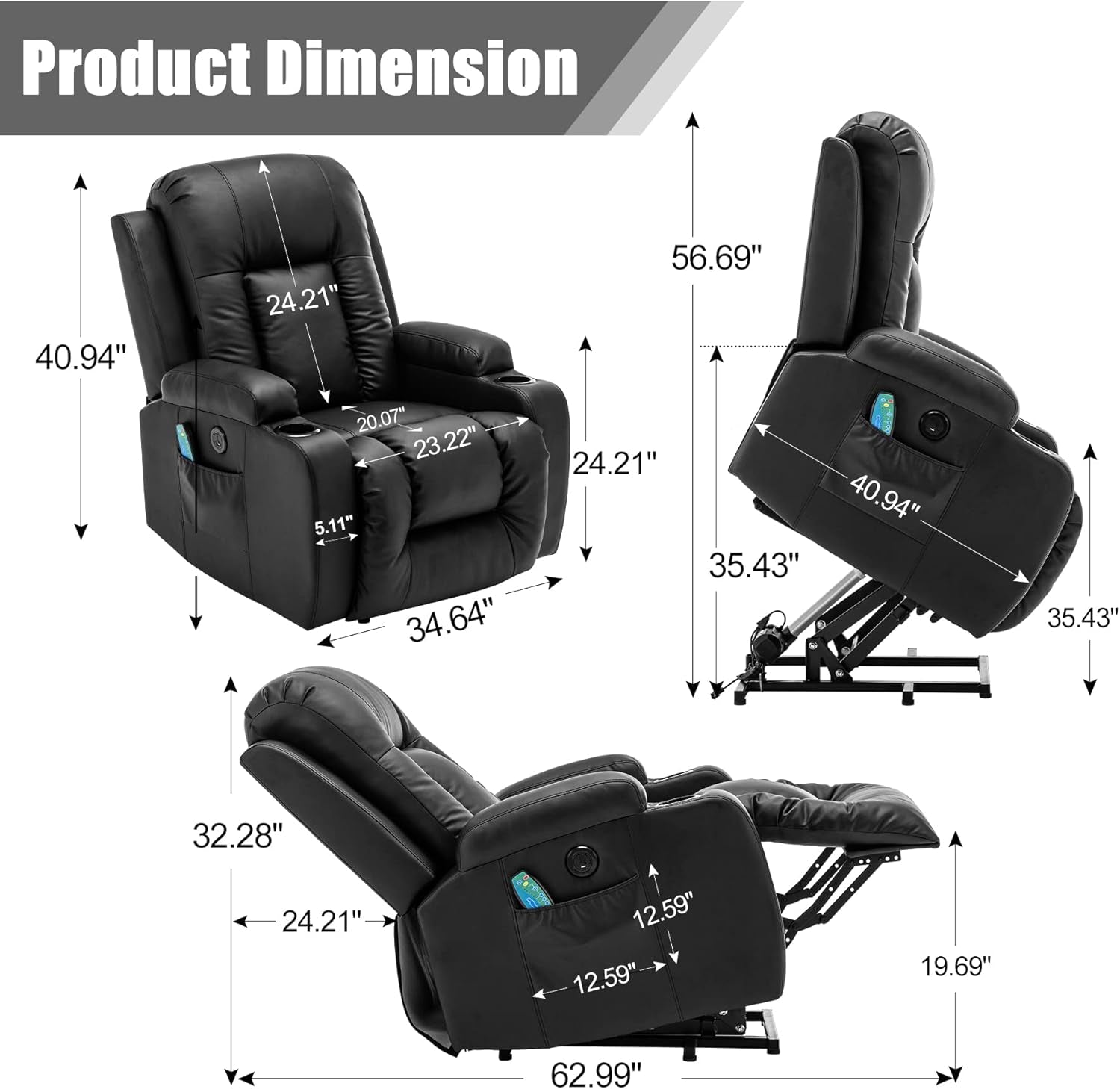 Power Lift Recliner Chair, PU Leather Recliner W/8 Massage Positions &Lumbar Heating for Adults