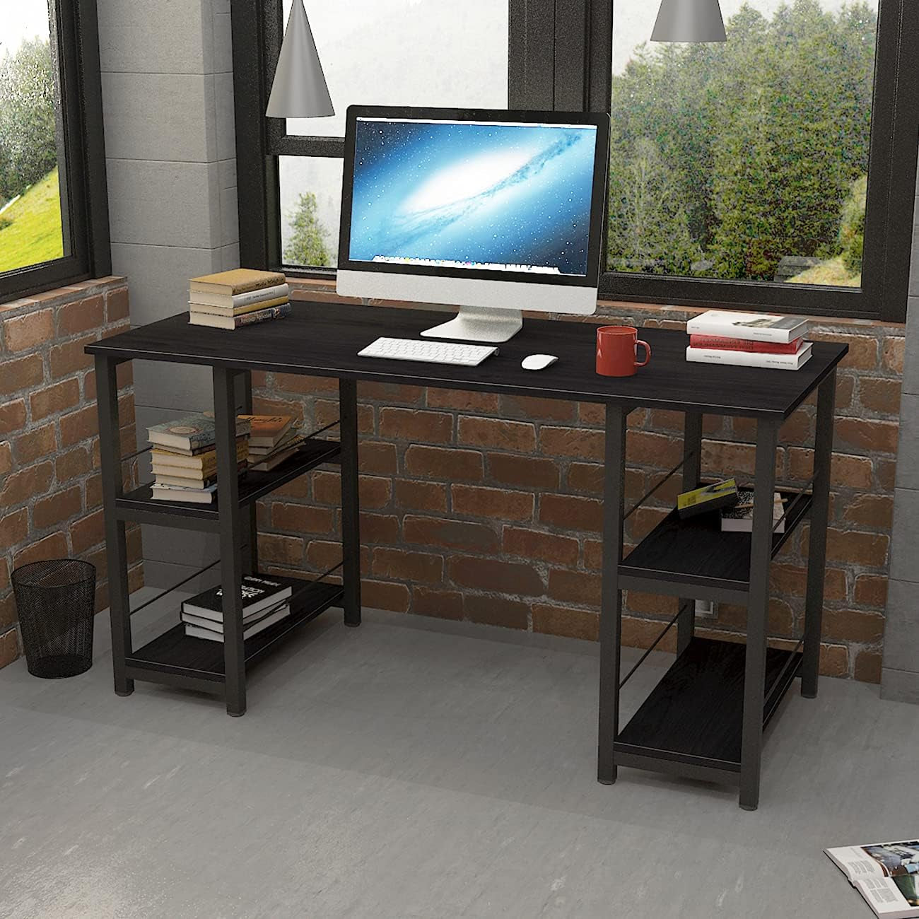 Home Office Desk 55 Inches Computer Desk, Morden Style Desk with Shelves Worksation Desk, Storage Desk Black DZ012-140-H