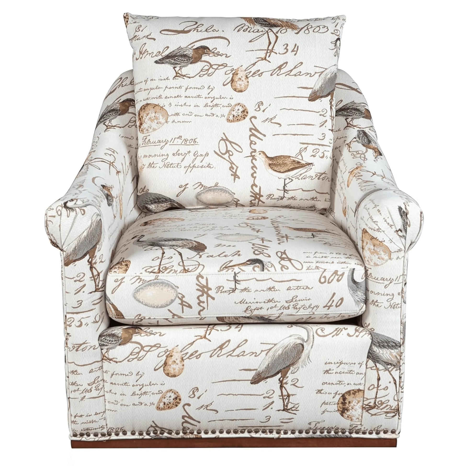 Birdscript Swivel Chair with Nailhead Trim and Rolled Arms