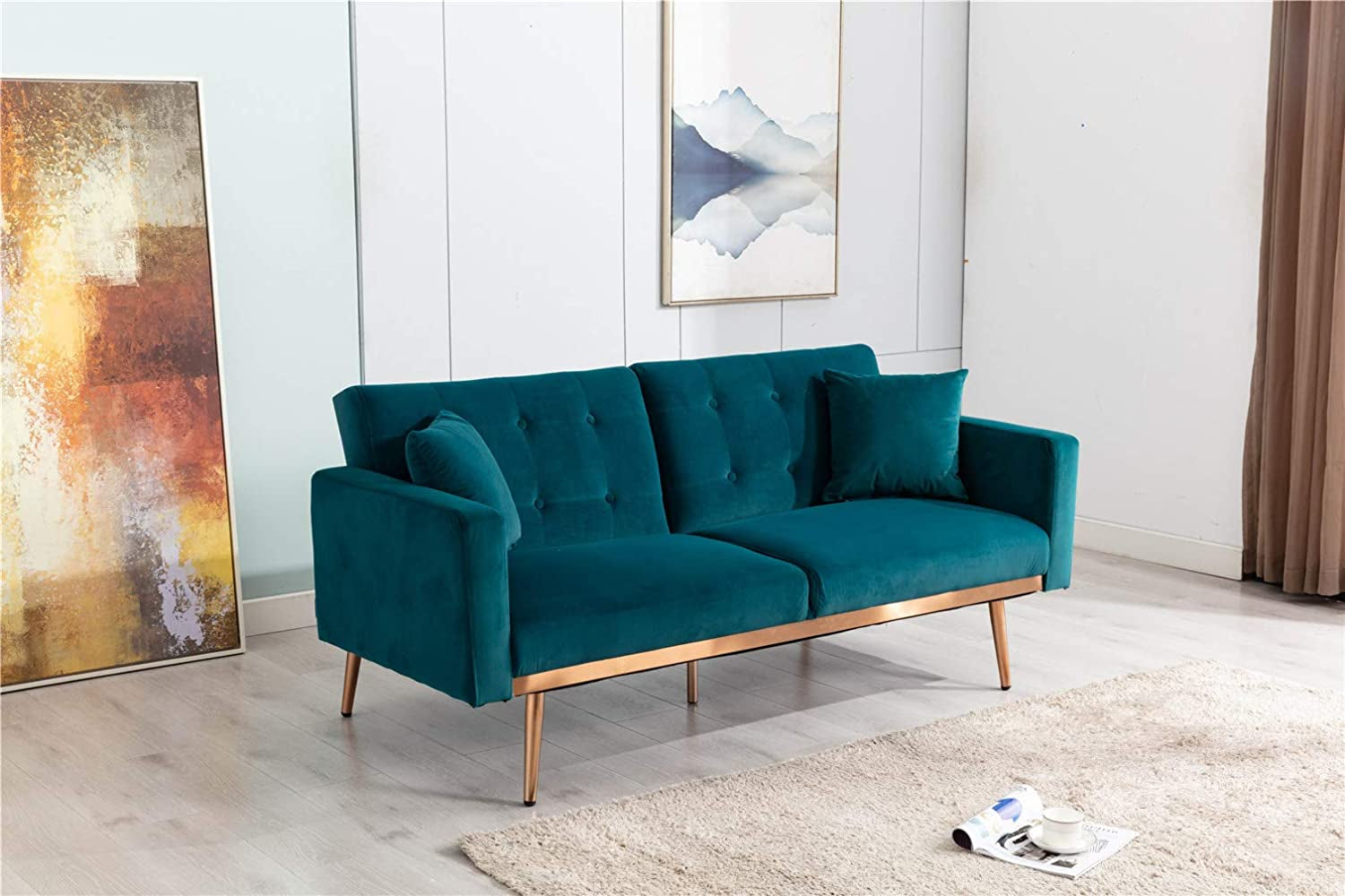 63" Accent Sofa, Mid Century Modern Velvet Fabric Couch， Convertible Futon Sofa Bed ，Recliner Couch Accent Sofa Loveseat Sofa with Gold Metal Feet (Teal)