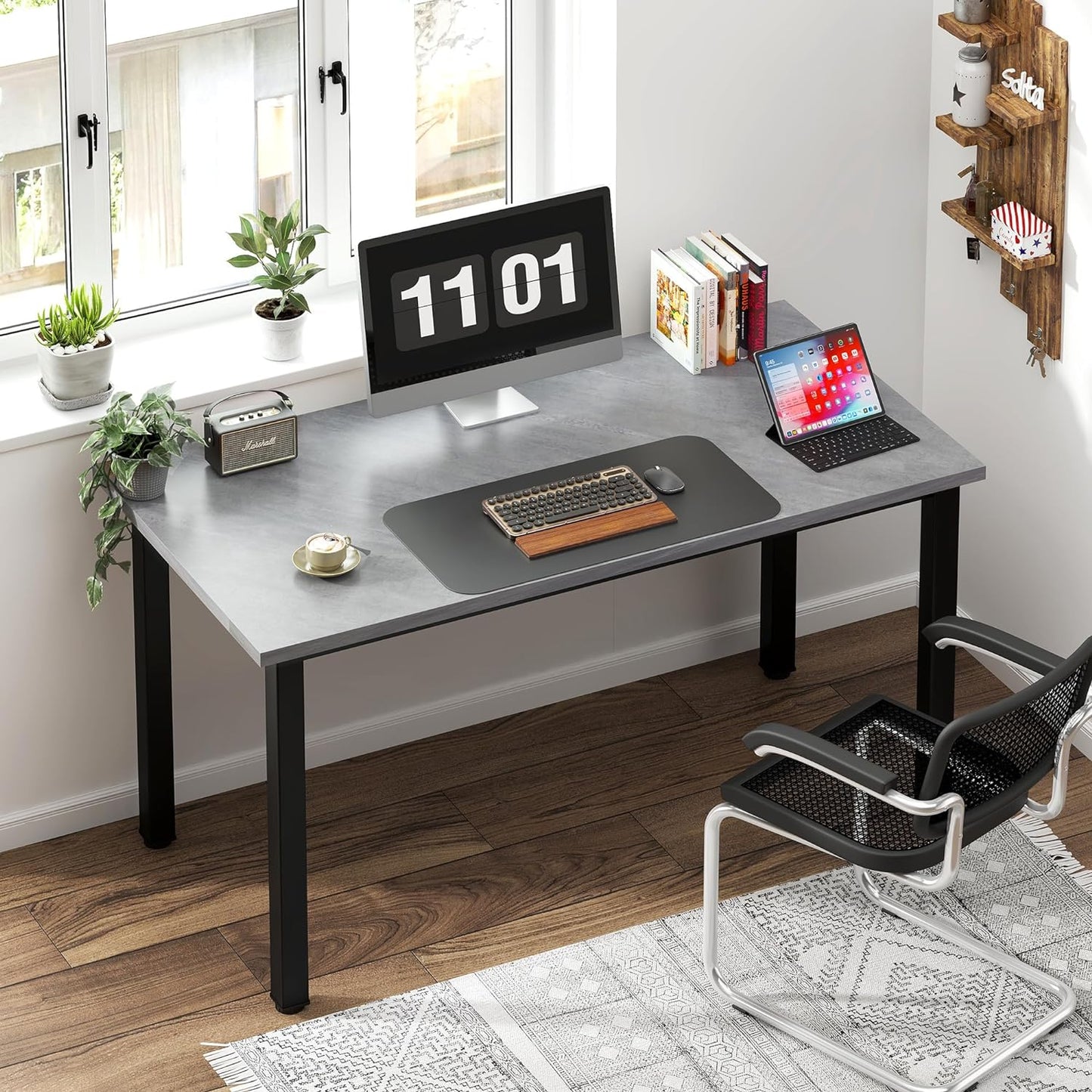 Computer Desk, 47 Inch Home Office Desk, Modern Simple Style Home Office Gaming Desk, Basic Writing Table for Study Student, Black Metal Frame, Grey