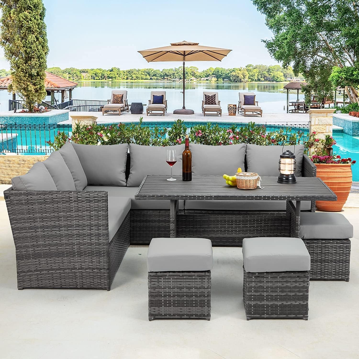 7 Pieces Outdoor Sofa Set, Wicker Rattan Patio Sectional Furniture Sets, Wicker Sectional Patio Set, Patio Dining Furniture with Table&Chair, Gray, M