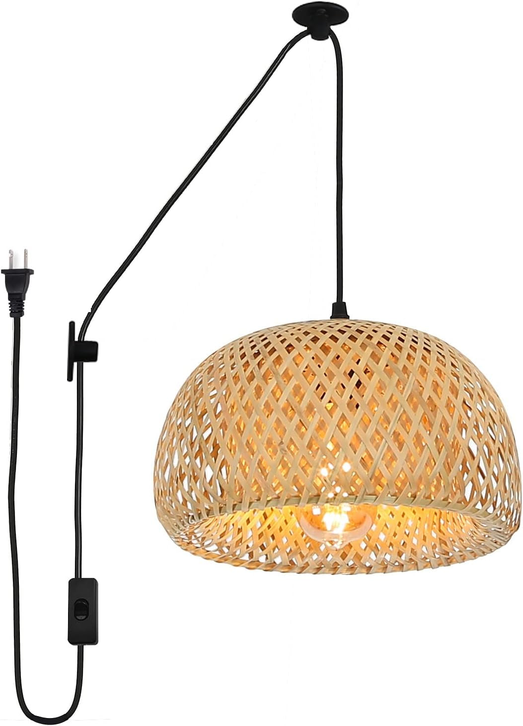 Bamboo Pendant Light - Modern Plug in Cord Rustic Woven Rattan Lampshade Basket Chandelier, Adjustable Wicker Ceiling Hanging Wall Light Fixture for Kitchen Island Bar Cafe Restaurant