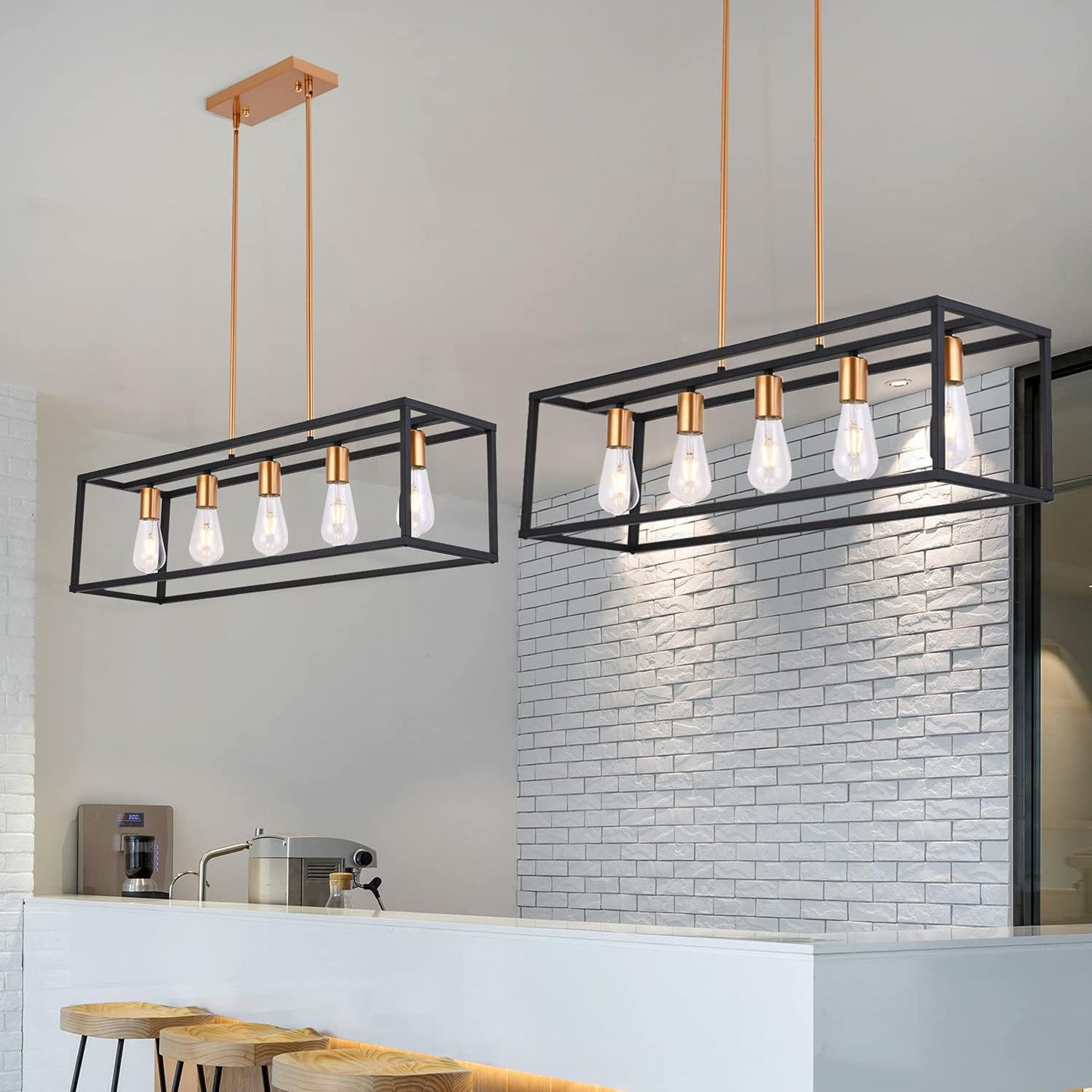 Modern Farmhouse Black Dining Room Chandelier,Kitchen Island Rectangular Lighting,Black and Gold Pendant Light Fixtures for Kitchen Dining Room Bar Foyer(E26,5-Lights)