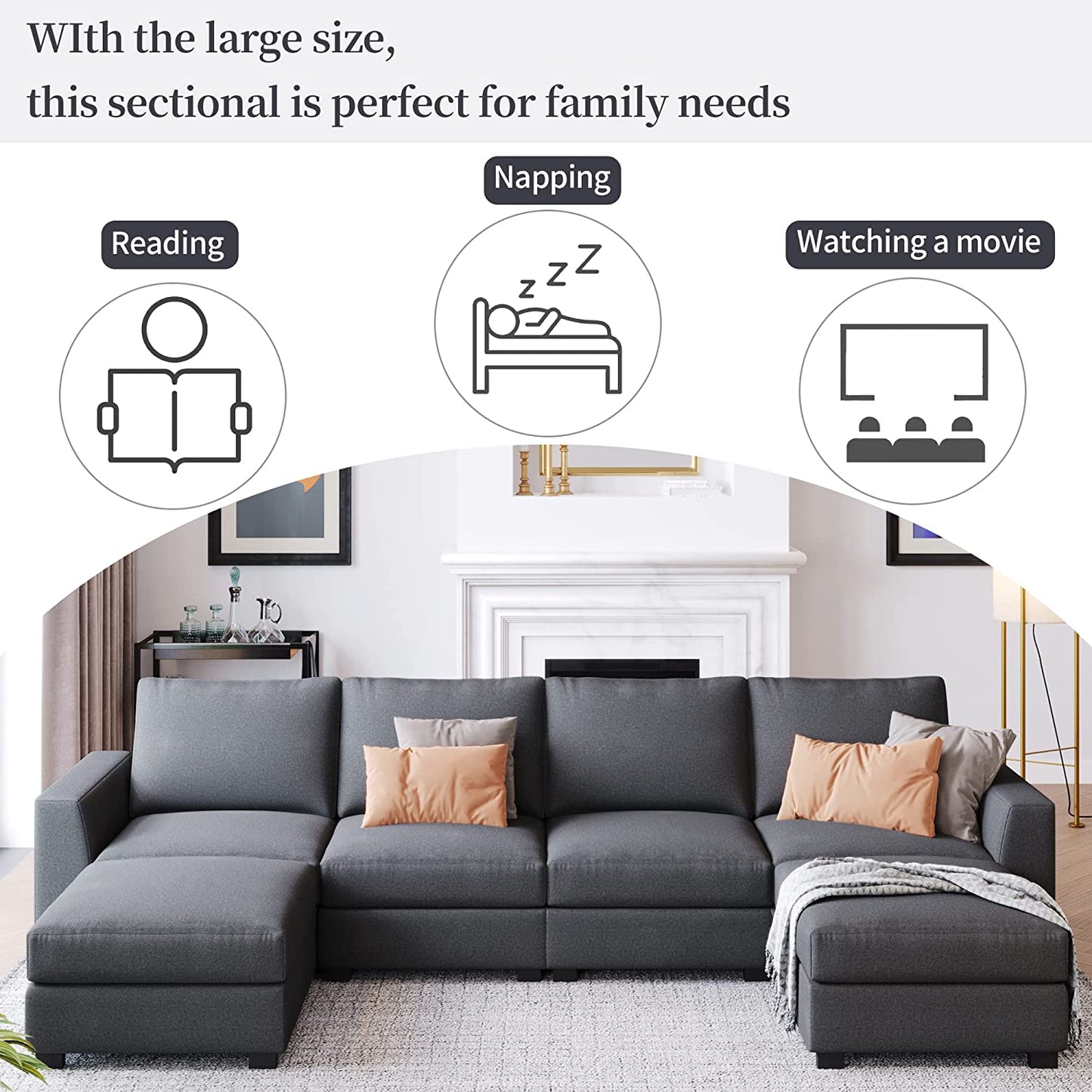 131" Modern Large Sectional Sofa,U Shape Upholstered Couch,Modular Sectional Sofa with 2 Removable Ottomans,Thickened Cushion Back & Wide Square Arms,4 Seat Sofa for Living Room (Gray)