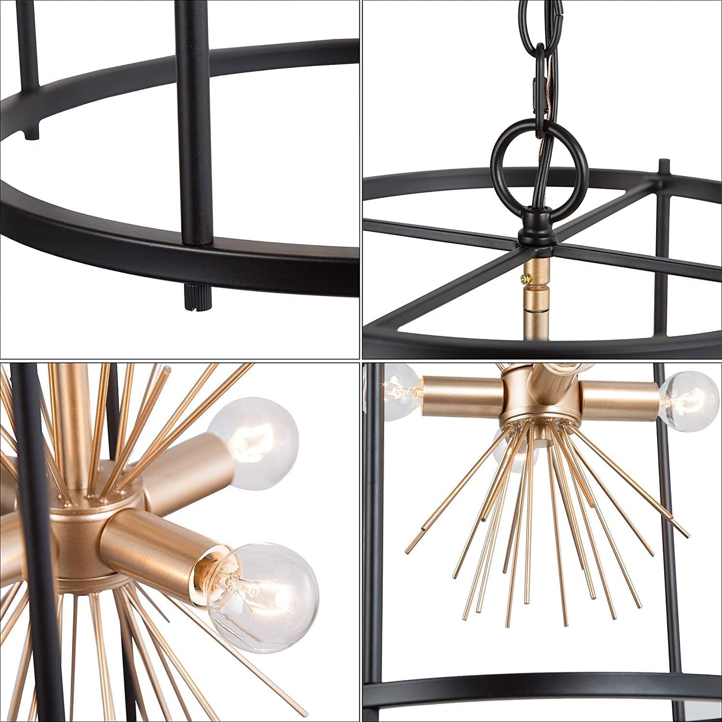 Black and Gold Chandelier, Mid Century Modern Pendant Light Fixture, 4-Light Sputnik Satellite Lantern Cage Chandelier for Entryway, Foyer, Dining Room, Kitchen Island, 12.5”D X 19”H