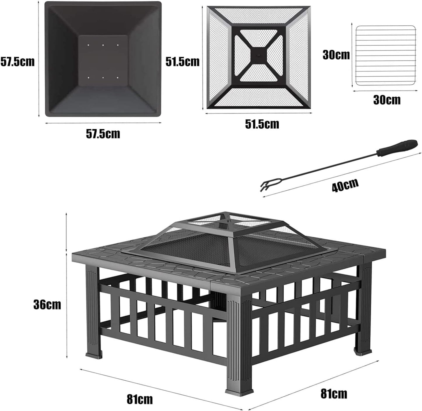 Fire Pit Outdoor Fire Pits with Heat-Resistant Coating Iron Tabletop Outdoor Wood Burning with Spark Screen Cover and Poker