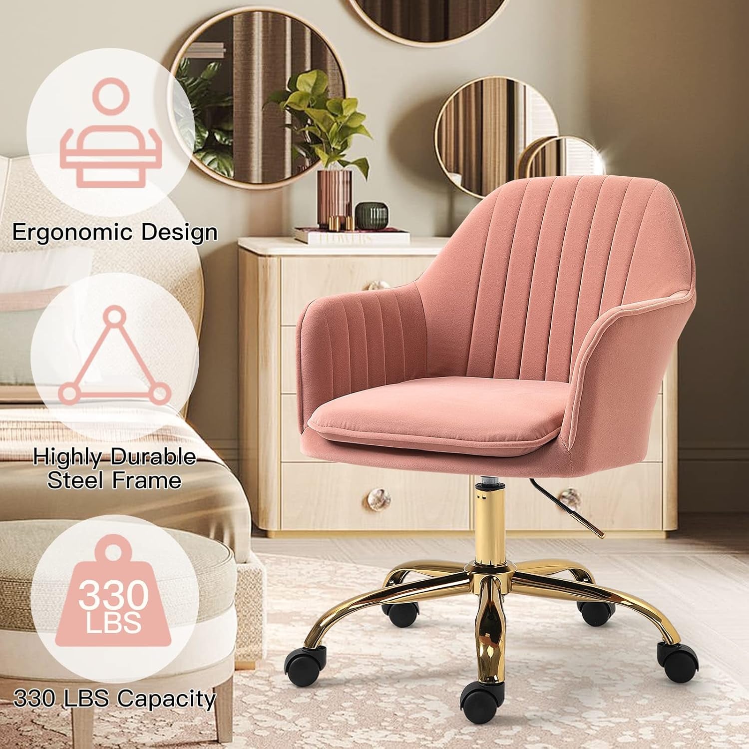 Pink Chair Cute Office Chair, Mid-Back Vanity Chair Adjustable Task Office Chair 360°Swivel Roller Chair with Arms and Gold Metal Base for Home Office, Vanity Room, Bedroom