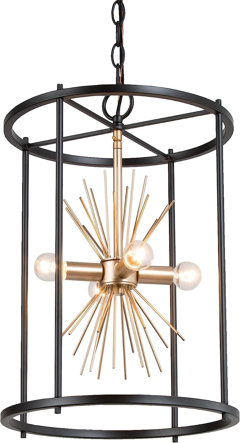 Black and Gold Chandelier, Mid Century Modern Pendant Light Fixture, 4-Light Sputnik Satellite Lantern Cage Chandelier for Entryway, Foyer, Dining Room, Kitchen Island, 12.5”D X 19”H