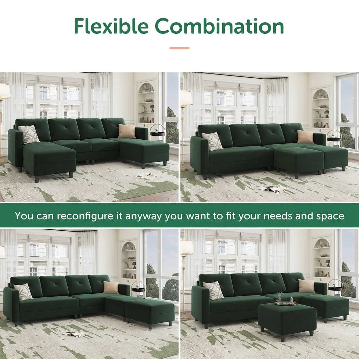 Large Green Velvet L-Shape Sectional Sofa with Storage Ottoman