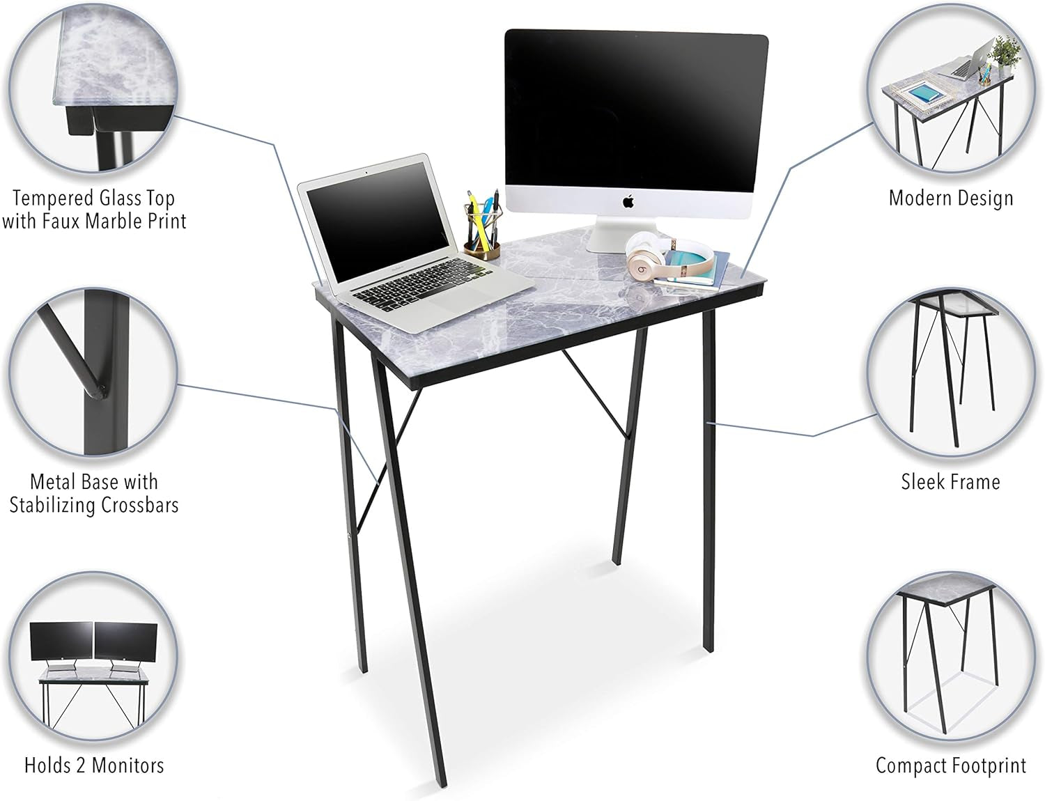 Joy Desk | Compact Multifunctional Standing Table for Home & Office | Modern Glass Top with Stylish Marble Design | Space-Saving Standing Desk for Small Workspaces (Marble / 32In X 41In)