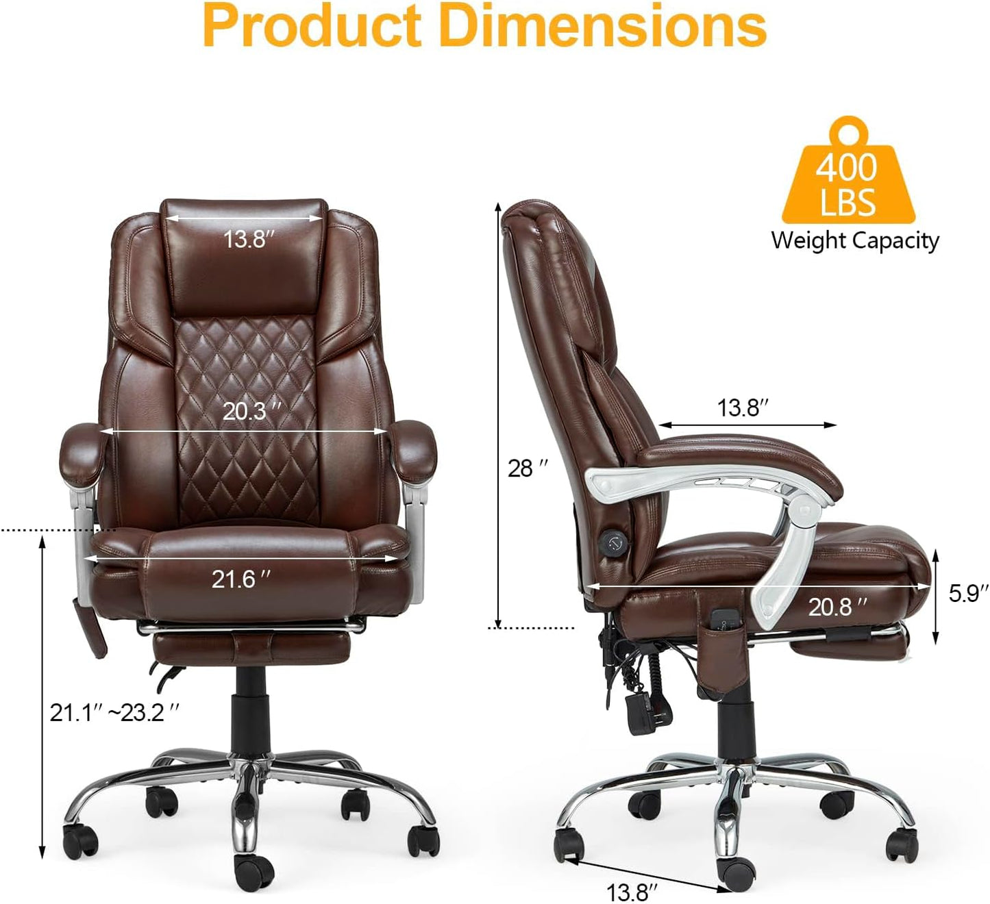 2-Point Massage Office Chair with Lumbar Support, Heated Executive Office Chair with Reclining Backrest, Computer Gaming Chair for Home Office, Brown