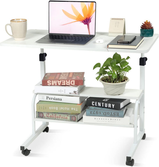 Computer Desk Home Office Student Writing Standing Desk with Storage, Study Desk Laptop Table for Small Space, Small Portable Stand up Desk for Home Bedroom, Adjustable Rolling Desk 32X16 Inch, White