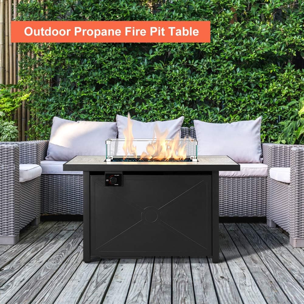 42-Inch 60,000 BTU Gas Fire Pit Table with Glass Wind Guard and Ceramic Top, Includes Waterproof Cover and Tempered Glass Beads for Outdoor Use