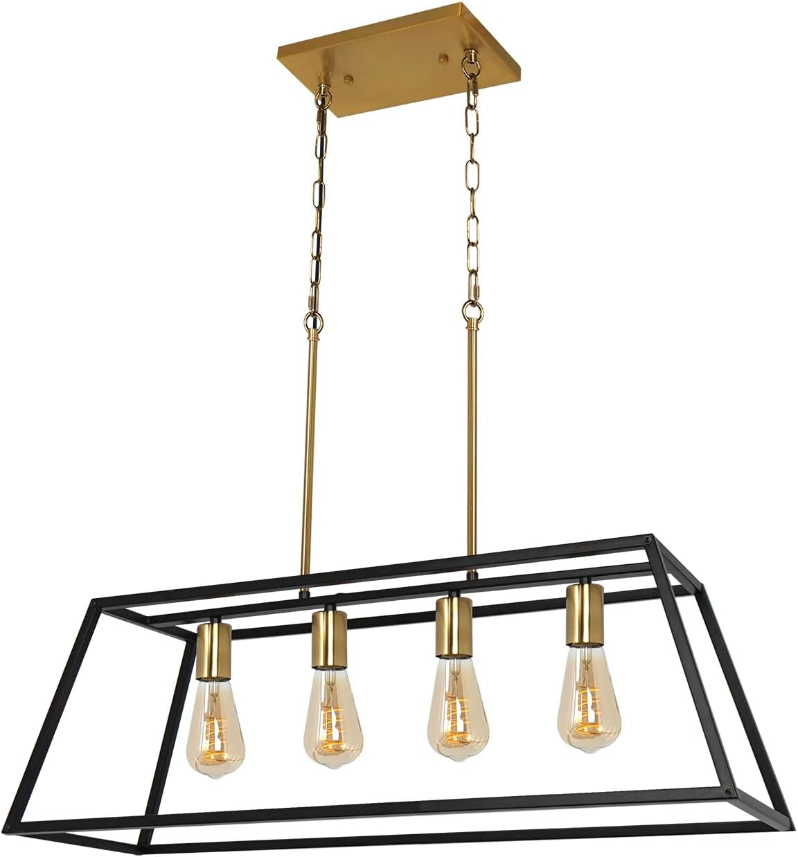 Modern Black Brass Kitchen Island Chandelier, Industrial Gold Linear Dining Room Lighting, Farmhouse Pendant Light for Living Room Bar (4-Light, Black & Brass)