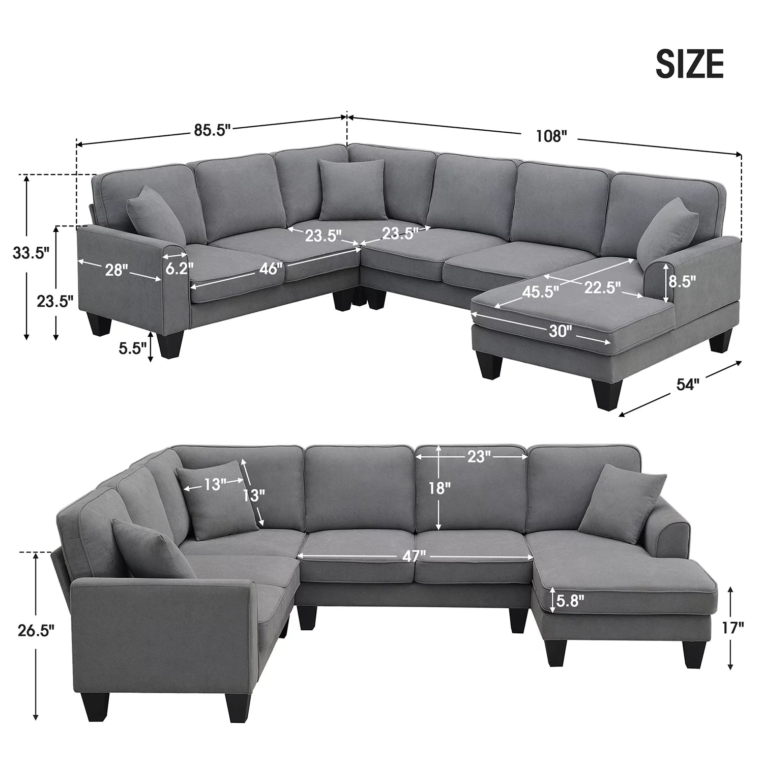 Convertible Modular Sectional Sofa with Chaise and Recliner,U Shaped Couch 7 Seat Fabric Sleeper Sofa for Living Room,Dark Gray