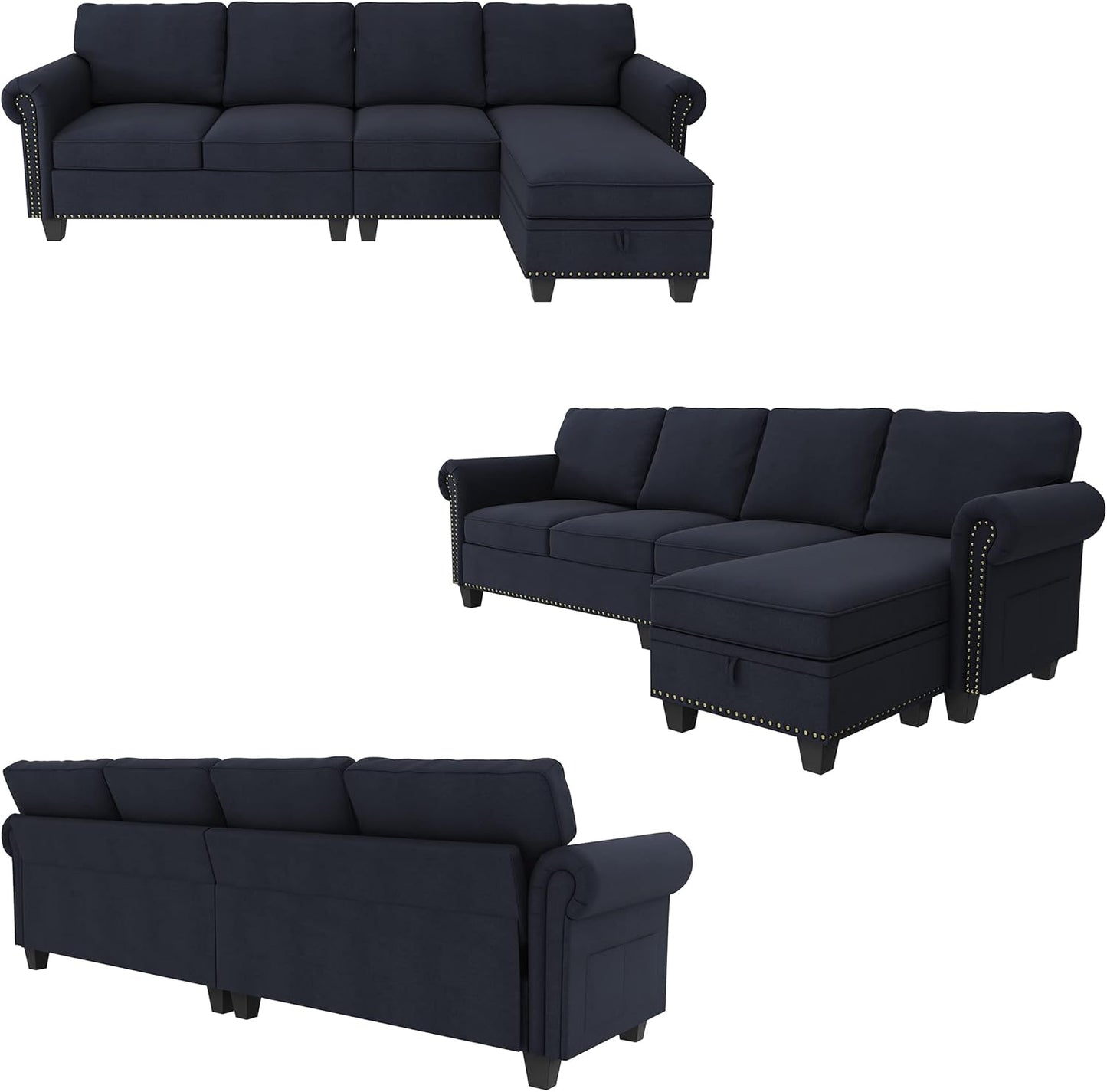 Convertible Sectional Sofa L Shape Couch with 4 Seat Reversible Chaise for Small Apartment, Bluish Grey