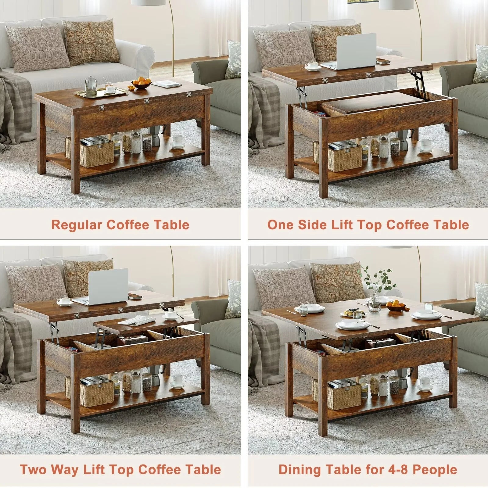 41.73"Lift Top Coffee Table 4 in 1 Multi-Function Convertible Coffee Table with Hidden Storage Framhouse Coffee Table for Living Room Rustic Brown