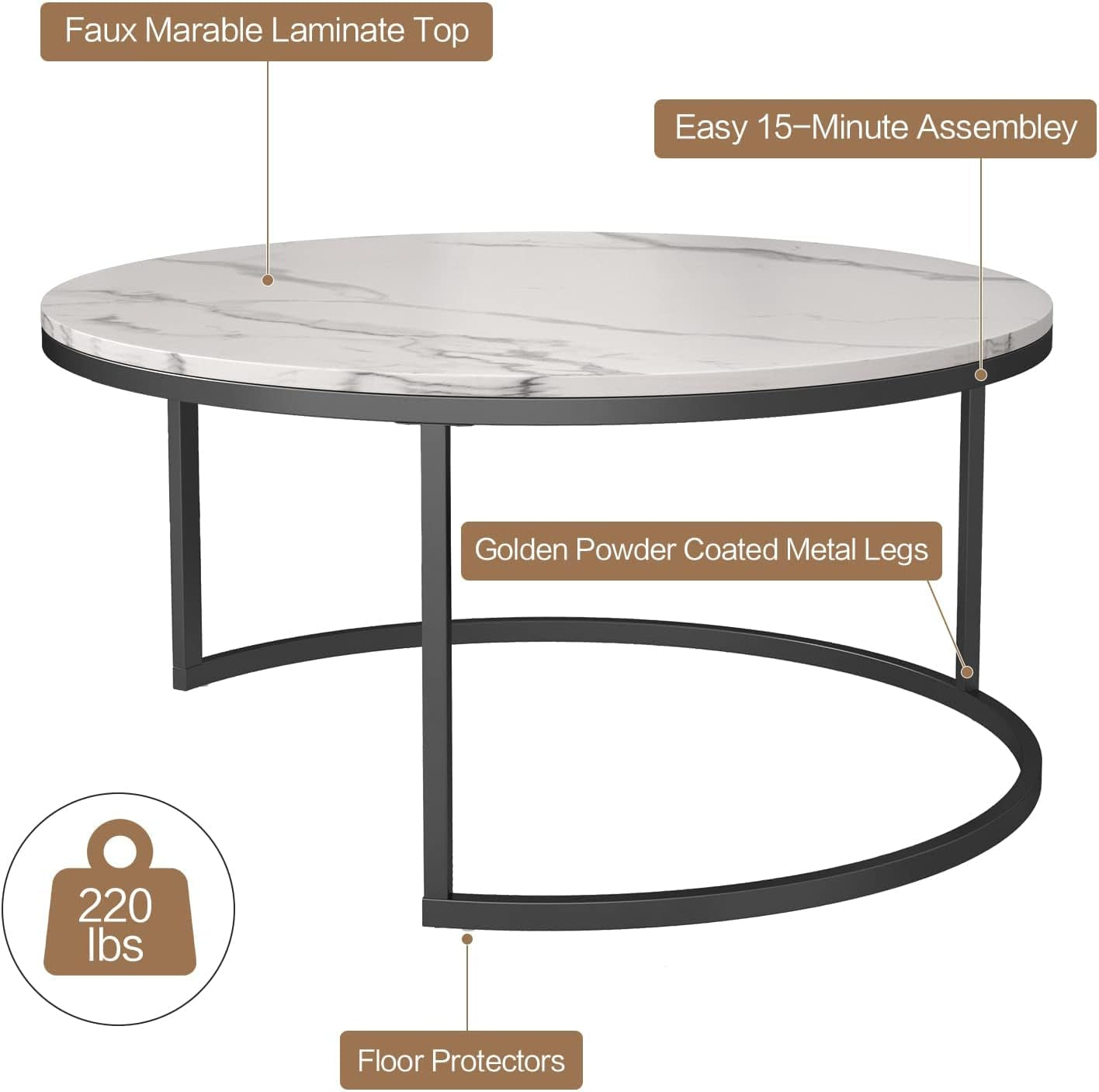 Modern Nesting Coffee Table, Marble Look Sofa Side Nest of Tables round End Tables, Set of 2, Black Color Frame with Wood Top- 32”& 24” Table Set