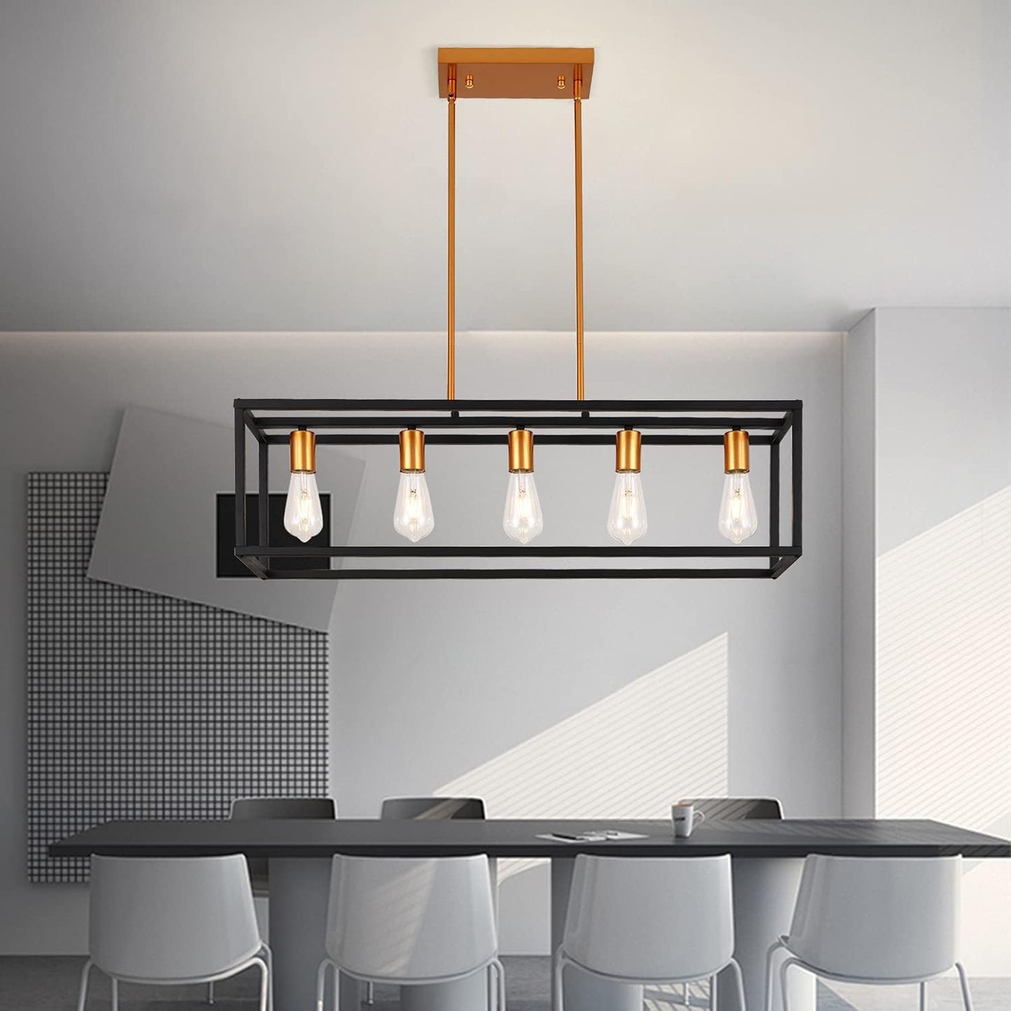 Modern Farmhouse Black Dining Room Chandelier,Kitchen Island Rectangular Lighting,Black and Gold Pendant Light Fixtures for Kitchen Dining Room Bar Foyer(E26,5-Lights)