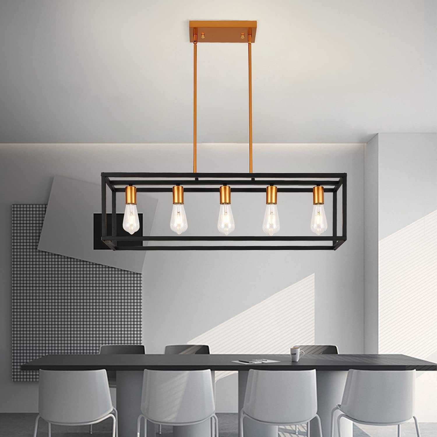 Modern Farmhouse Black Dining Room Chandelier,Kitchen Island Rectangular Lighting,Black and Gold Pendant Light Fixtures for Kitchen Dining Room Bar Foyer(E26,5-Lights)