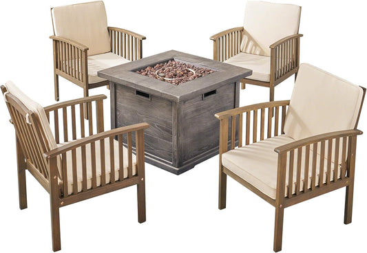 Outdoor 4-Seater Acacia Wood Club Chairs with Firepit, Gray Finish and Cream and Wood Pattern