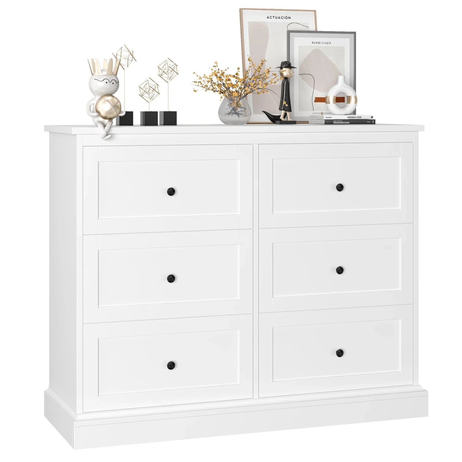 White Dresser with 6 Drawer , 42.5" Wide Double Dresser for Bedroom, Wooden Dresser Chest of Drawers