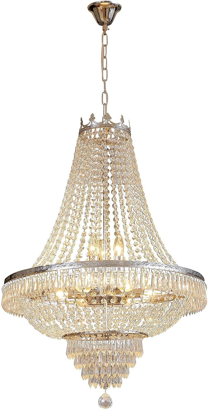 Crystal Pendant Chandelier Light,Modern French Empire Crystal Raindrop Lighting Chandelier LED Ceiling Light Fixture Lamp Hanging Lighting Home Decor Lamp,H30 X W24 Inch,9Xe12 Bulbs(Not Included)