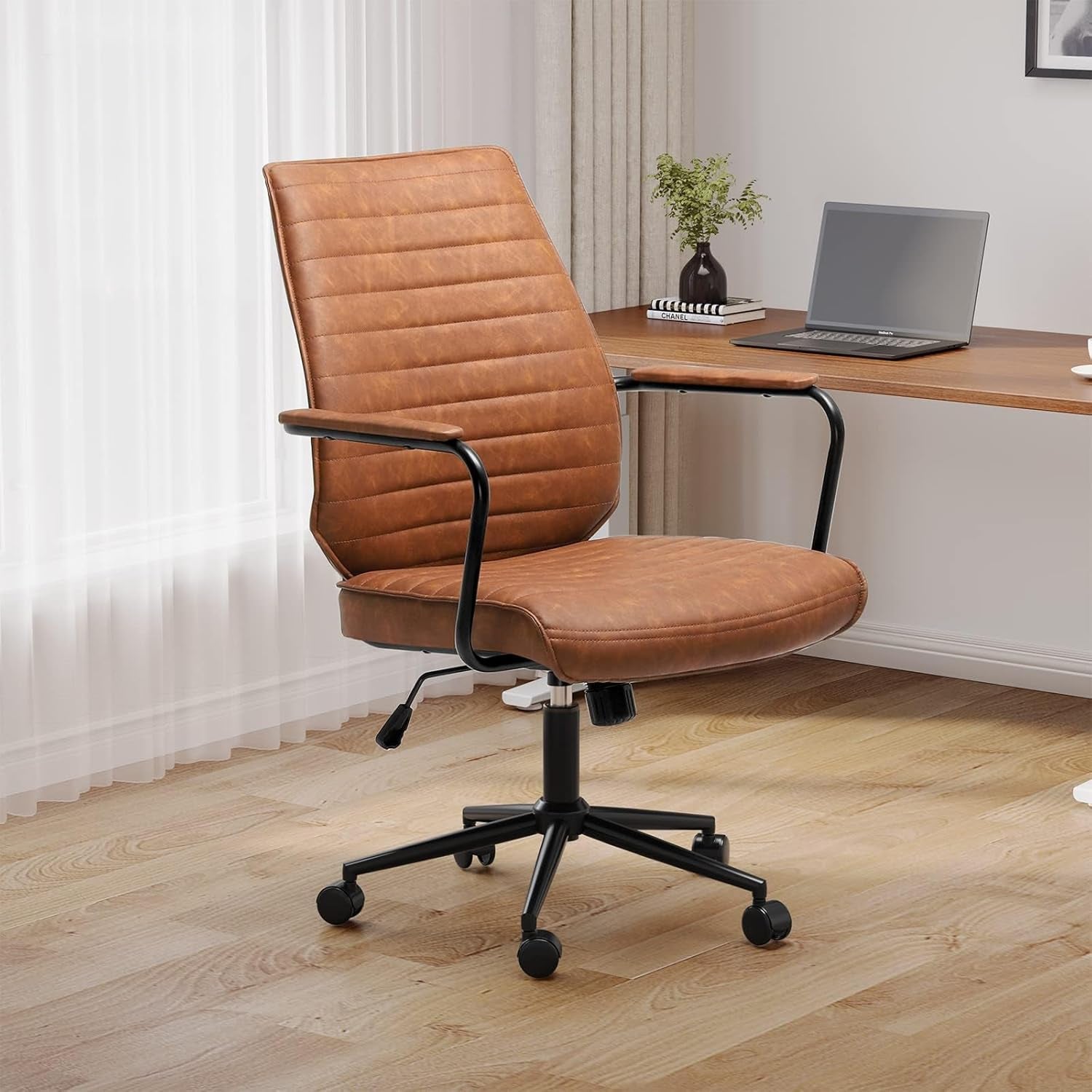 Executive Office Chair Adjustable Leather Chair Mid Back Swivel Office Desk Chair with Padded Armrest 400Lbs Load-Bearing Computer Desk Chair for Home Office