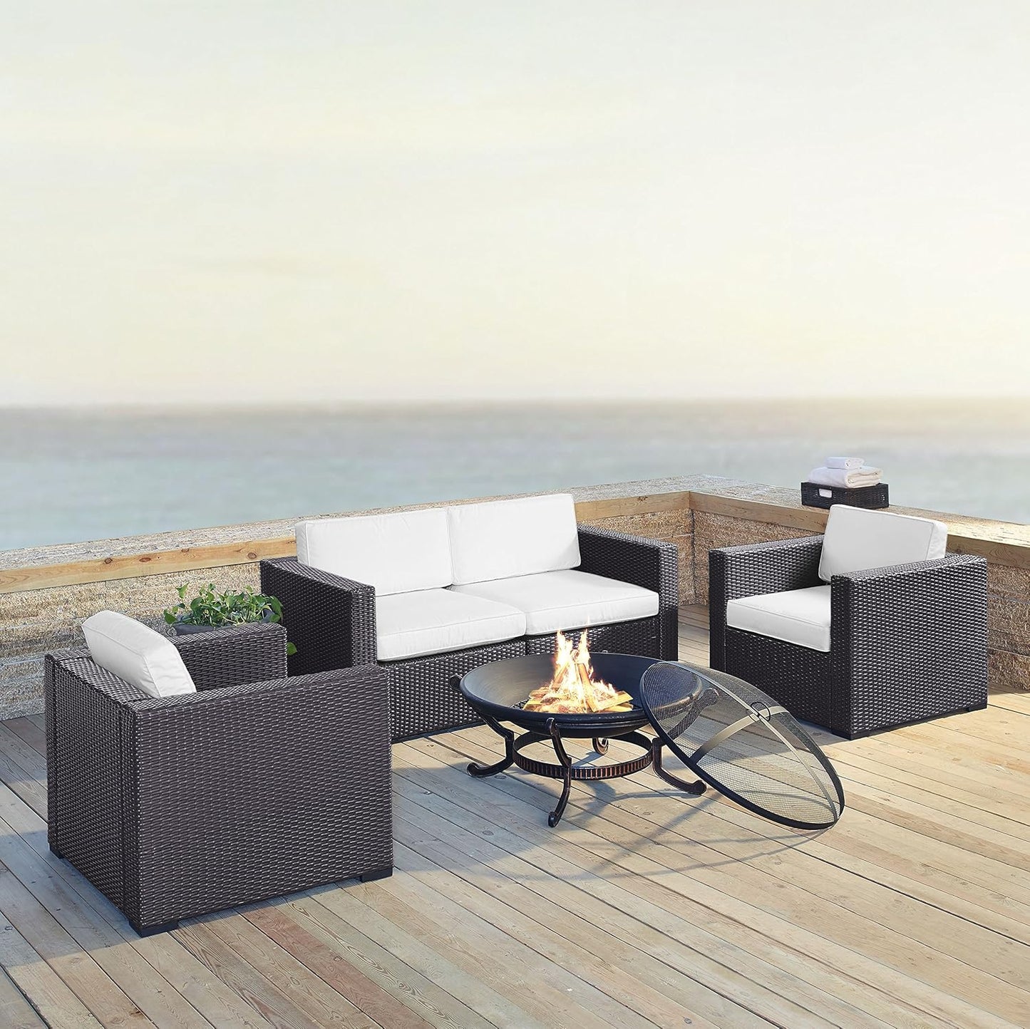 5-Piece Outdoor Wicker Seating Set with Ashland Firepit, Brown with White Cushions