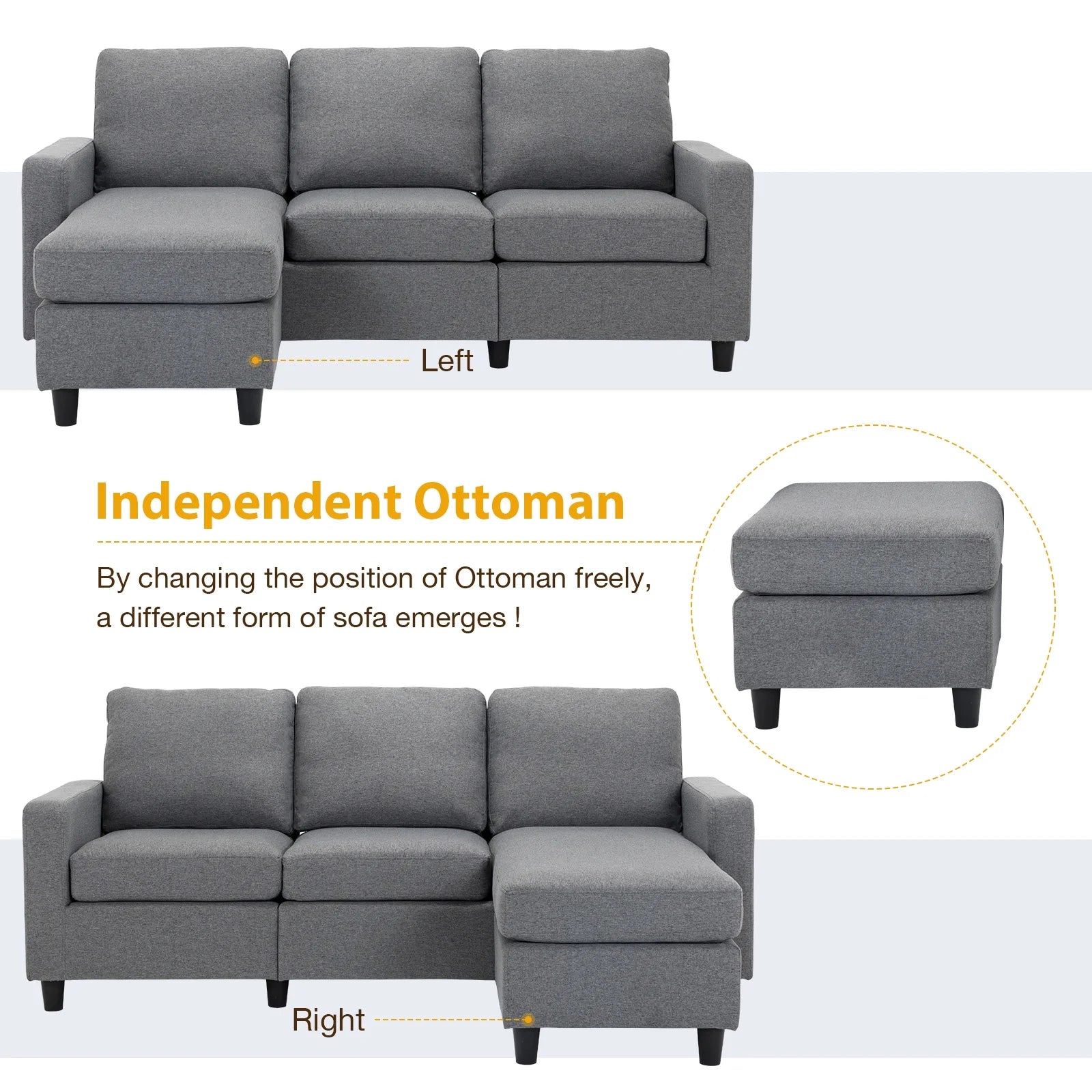 L Shaped Sofa Sectional Couch with Movable Ottoman for Living Room Furniture Set, Gray