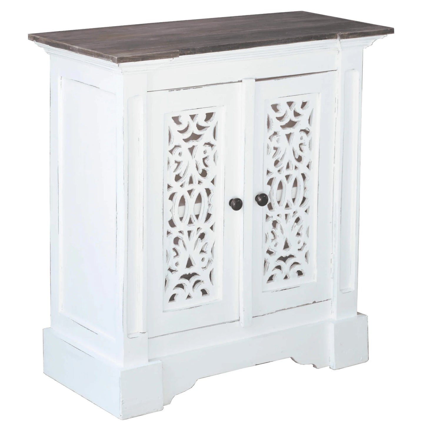 Cottage Solid Wood Accent Cabinet in Distressed White and Driftwood Brown