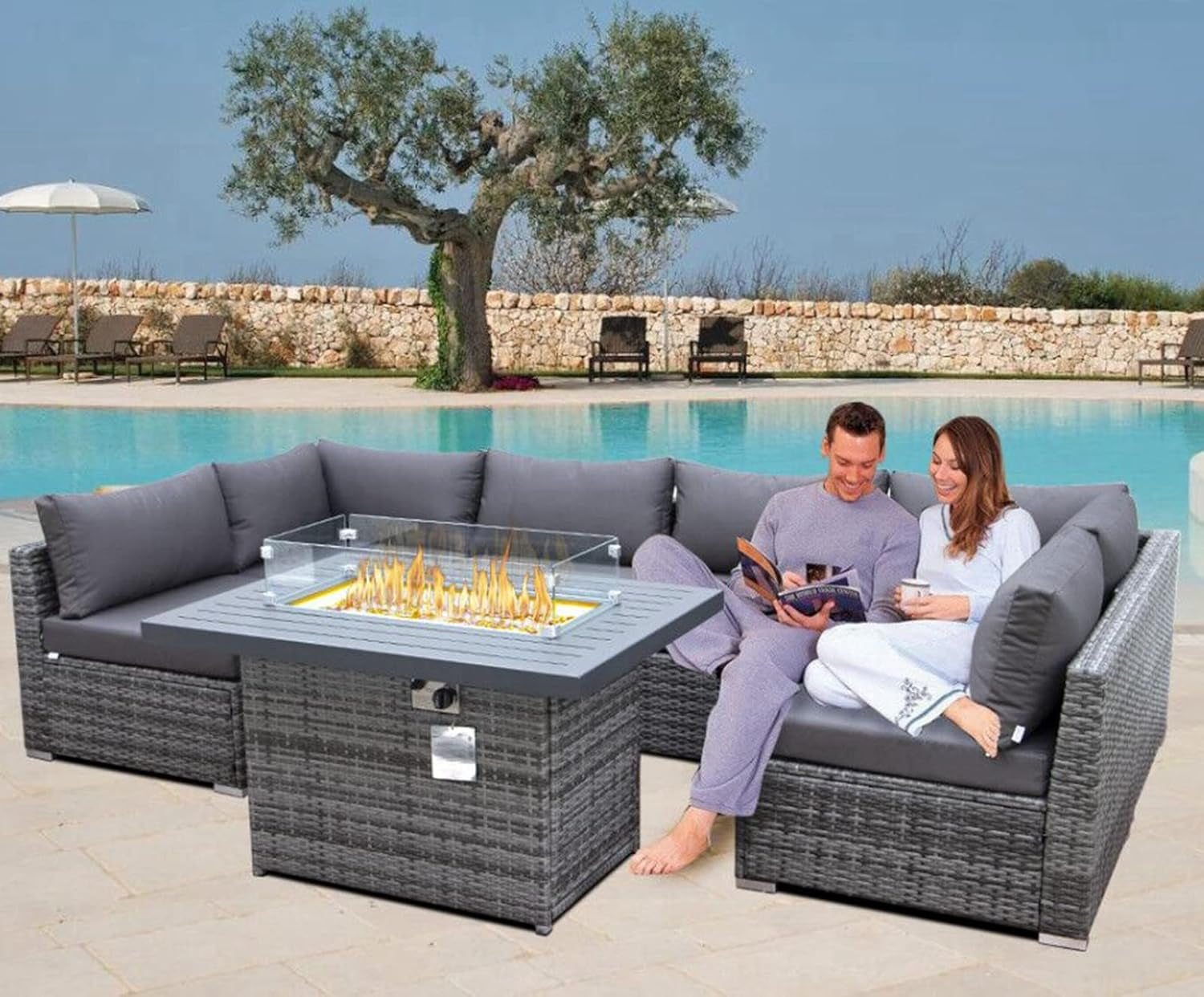 Extra Large 118" L 7-Piece Sectional Sofa Set with Fire Pit - Grey Rattan Wicker Outdoor Patio Conversation Furniture with Cushions