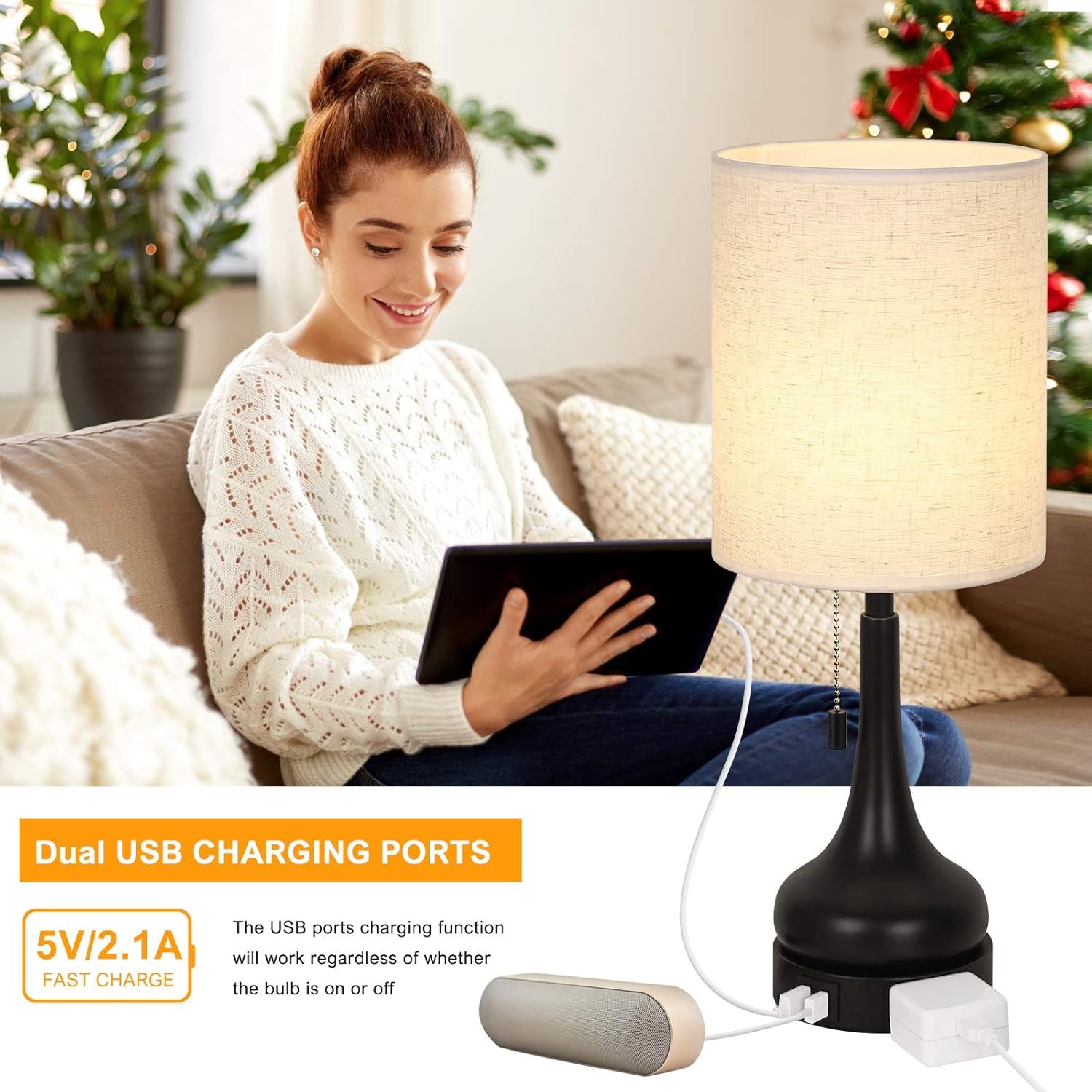 Bedside Lamps Set of 2 with Dual USB and Outlet- USB Lamps with Pull Chain Switch, Dual USB Ports Charging & AC Outlet Table Lamps, Nightstand Lamps for Bedroom, Living Room(Bulb Not Included)