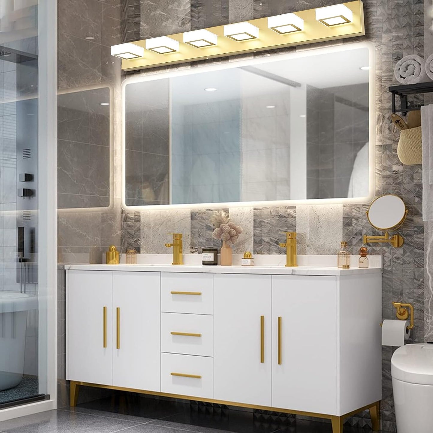 LED Modern Gold Vanity Lights Fixtures 6 Lights Gold Vanity Lights Acrylic Modern Gold Vanity Lights for Bathroom