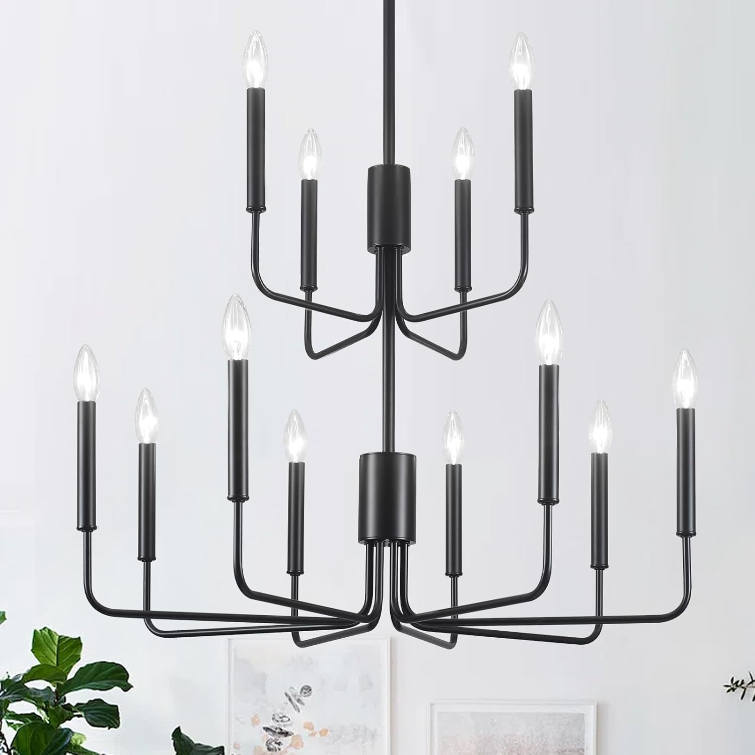 Black Chandeliers Modern Two Tier Chandelier for Dining Room 12 Light Industrial Metal Pendant Light Fixture for Foyer Entryway Living Room Kitchen Island Bedroom