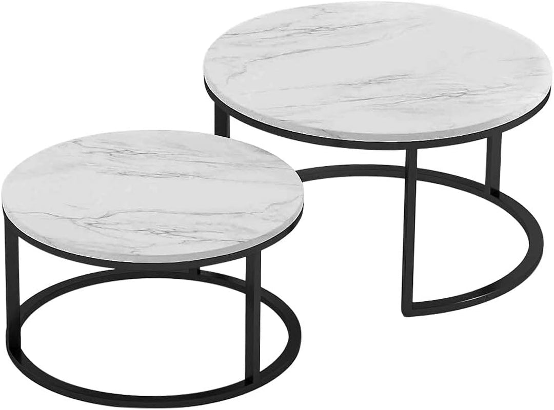 Modern Nesting Coffee Table, Marble Look Sofa Side Nest of Tables round End Tables, Set of 2, Black Color Frame with Wood Top- 32”& 24” Table Set