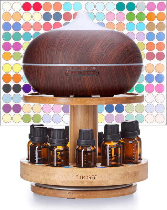 Bamboo Diffuser Holder Carousel- 2 Tier Height Increase Rack with Upper Tray for Holding Diffuser, for 5Ml, 10Ml, 15Ml, 20Ml Essential Oils Bottles