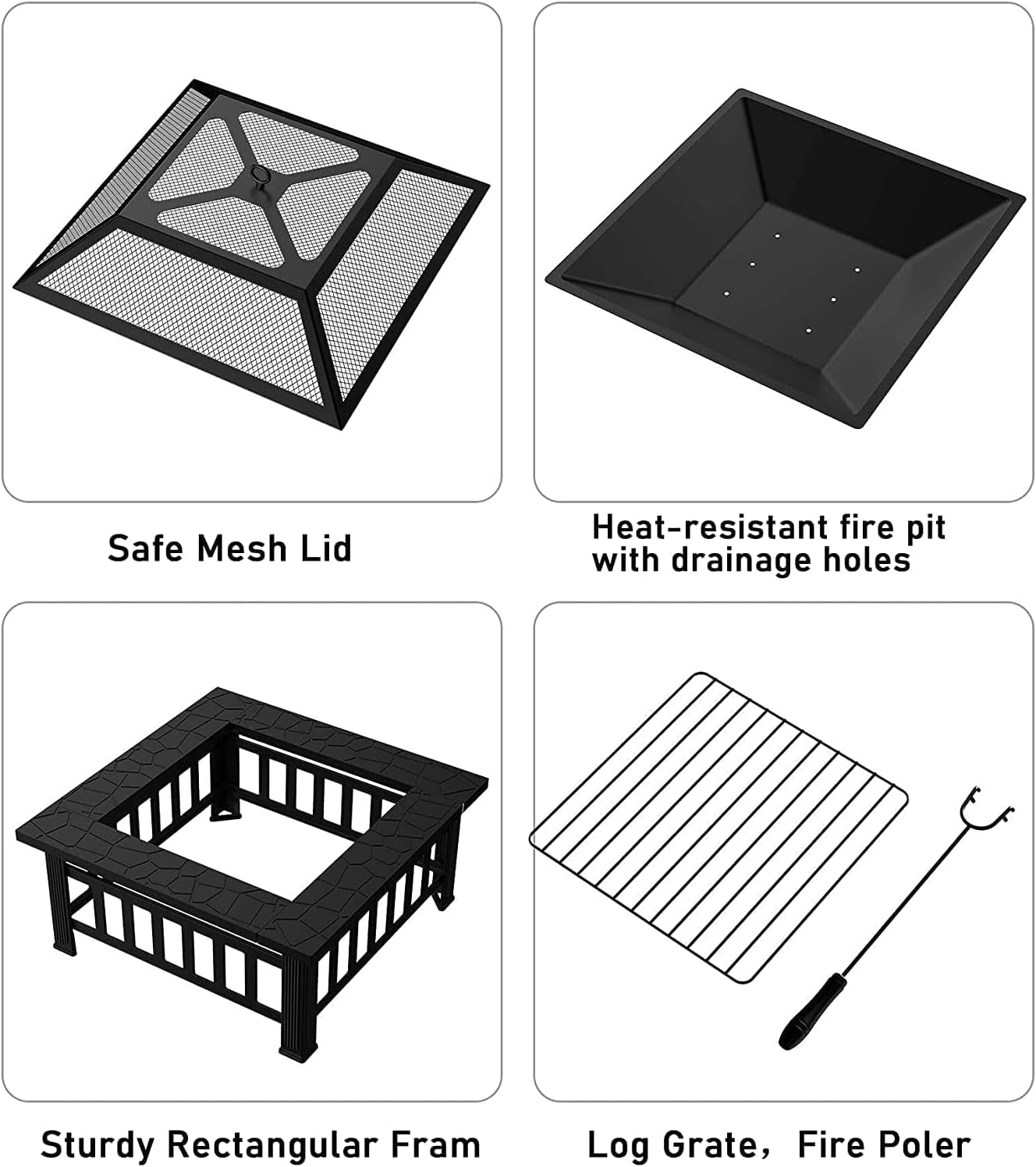 Fire Pit Outdoor Fire Pits with Heat-Resistant Coating Iron Tabletop Outdoor Wood Burning with Spark Screen Cover and Poker