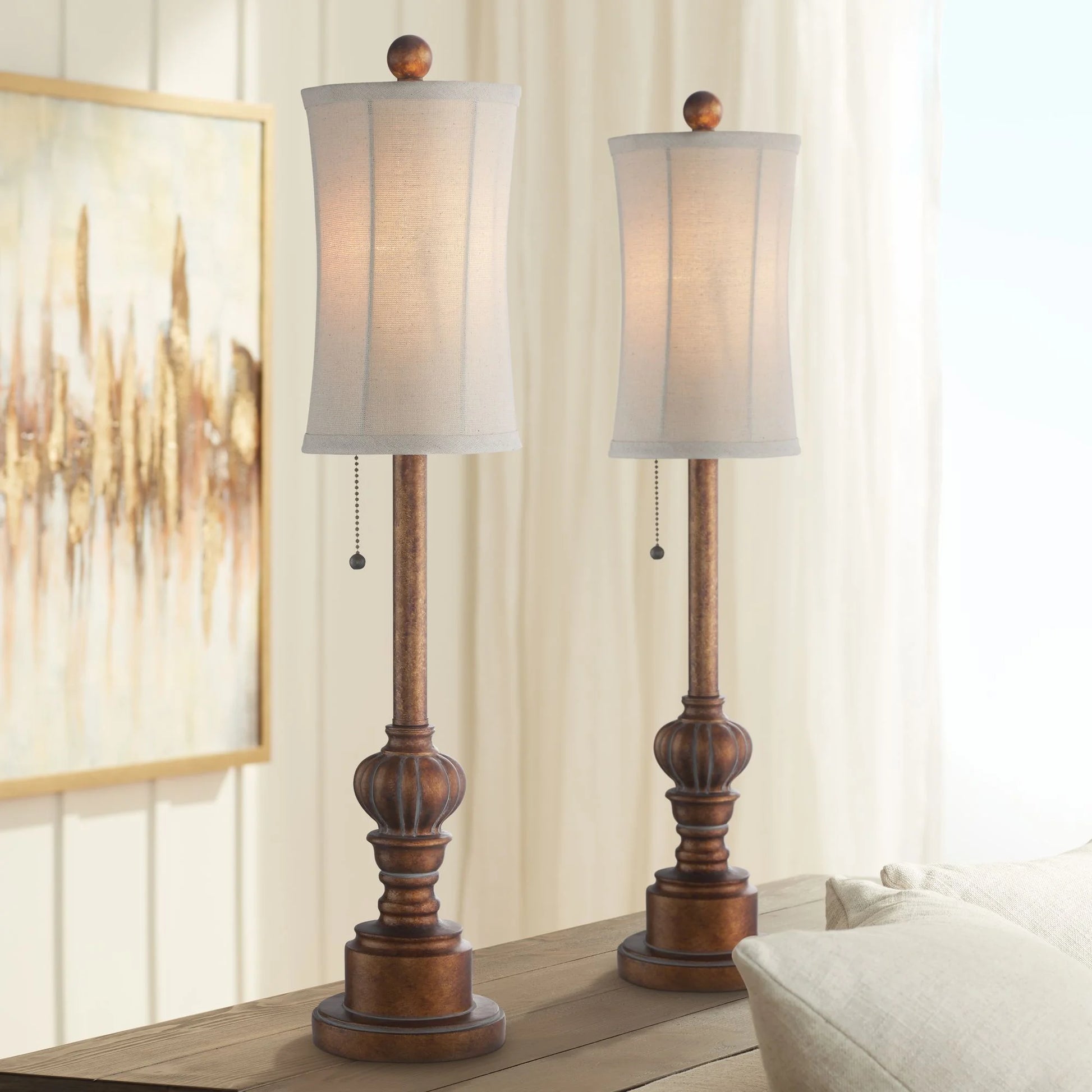 Traditional Buffet Table Lamps 28" Tall Set of 2 Warm Brown Wood Tone Fabric Drum Shade for Dining Room