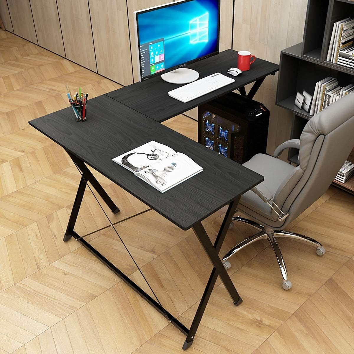 L-Shaped Desk Corner Table Computer Desk Workstation Desk PC Laptop Office Desk L Desk, Black BHUS-ZJ1-BK