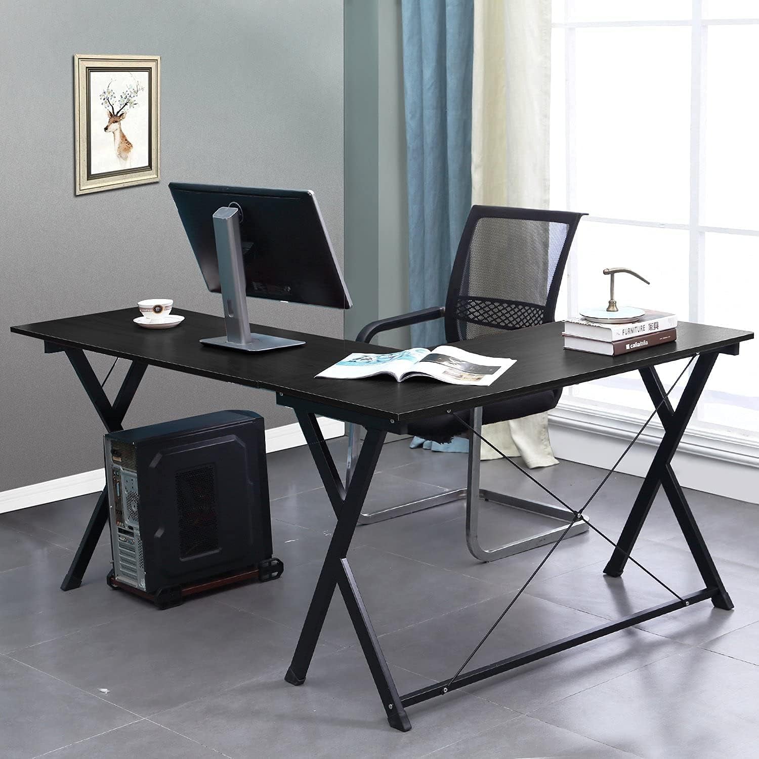 L-Shaped Desk Corner Table Computer Desk Workstation Desk PC Laptop Office Desk L Desk, Black BHUS-ZJ1-BK