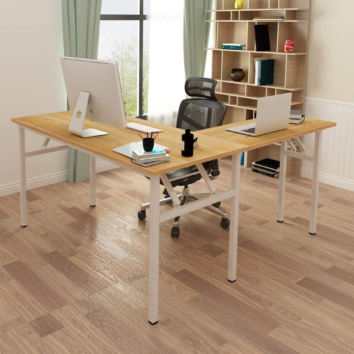 55X55 Inch L Shaped Desk Folding Computer Desk Reversible L Desk Computer Table Computer Workstation Office Desk PC Desk Study Desk Coner Table, Teak and White, NSDUS-AC11BW