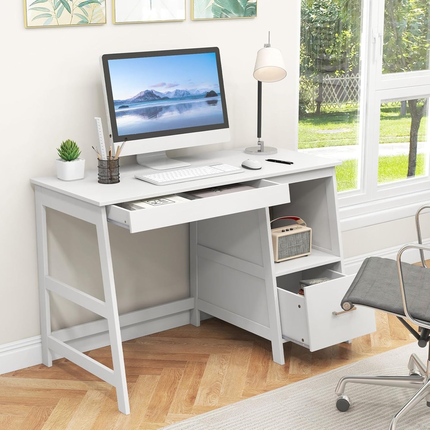 White Desk with Drawers, Small Computer Desk Study Writing Desk, Modern Home Office Desk Student Desk with Storage Space, Makeup Vanity Desk for Bedroom (White)