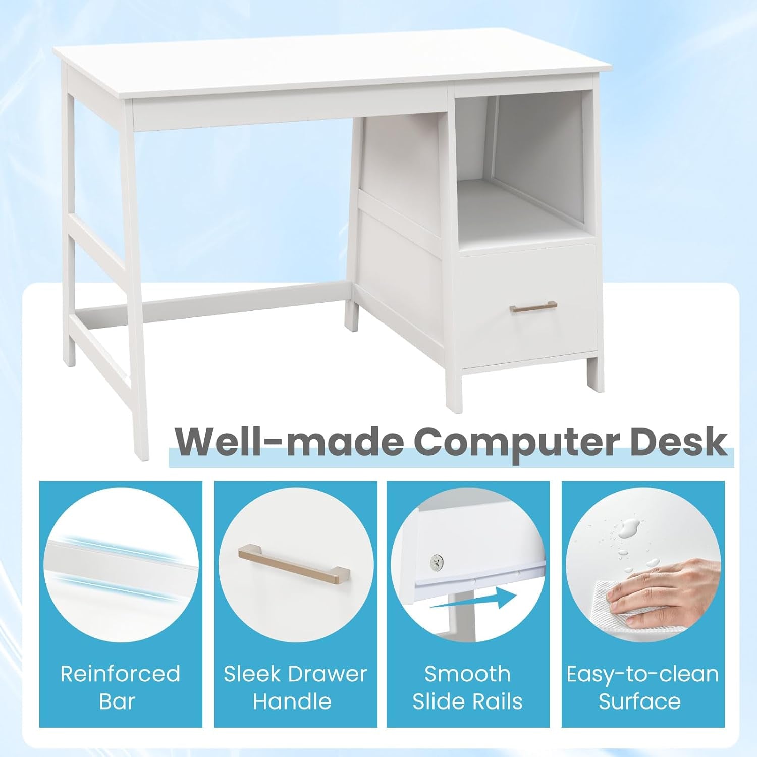 White Desk with Drawers, Small Computer Desk Study Writing Desk, Modern Home Office Desk Student Desk with Storage Space, Makeup Vanity Desk for Bedroom (White)