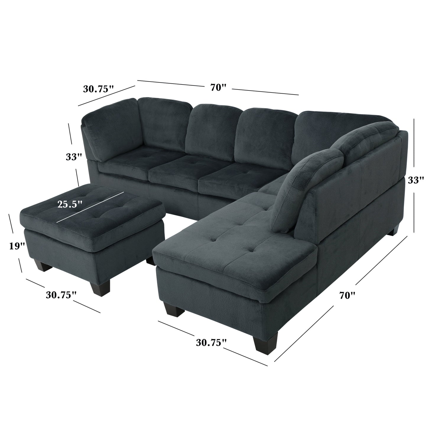 Canterbury 3-Pc Sectional Sofa Set, Charcoal Finish