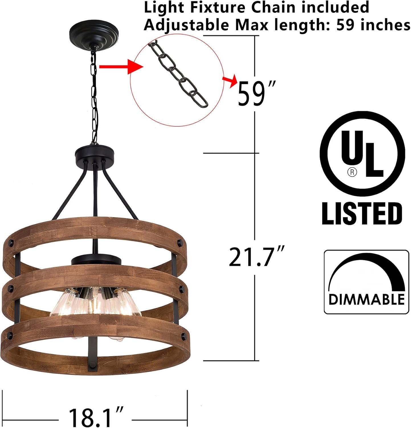 DERALAN Modern Rustic Chandelier Circular Wood Chandeliers round Wooden Five Lights Farmhouse Chandeliers Island Pendant Lighting Fixture Industrial Metal Retro Ceiling Lights for Dining Room Kitchen