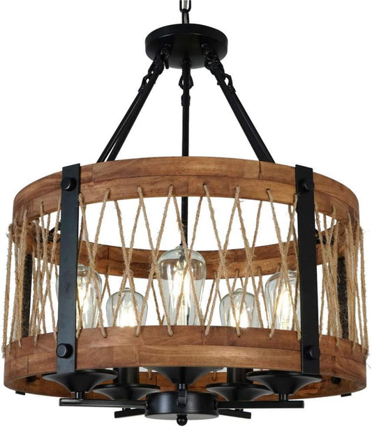 Modern Rustic Chandelier round Wood Five Lights Farmhouse Chandeliers Wooden Island Pendant Lighting Fixture Rope Metal Retro Ceiling Lights for Dining Room Kitchen Bedroom Hallway Foyer Bar