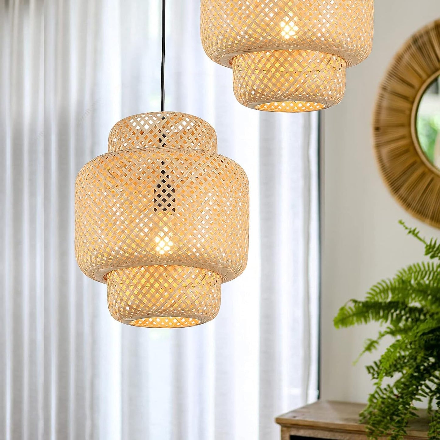 Hand Woven Bamboo Pendant Lighting for Kitchen Island, Plug in Cord Ceiling Hanging Wicker Lamp, Rattan Basket Chandelier Bamboo Light Fixture for Living Room Dining Room Restaurant(Cake Shape)