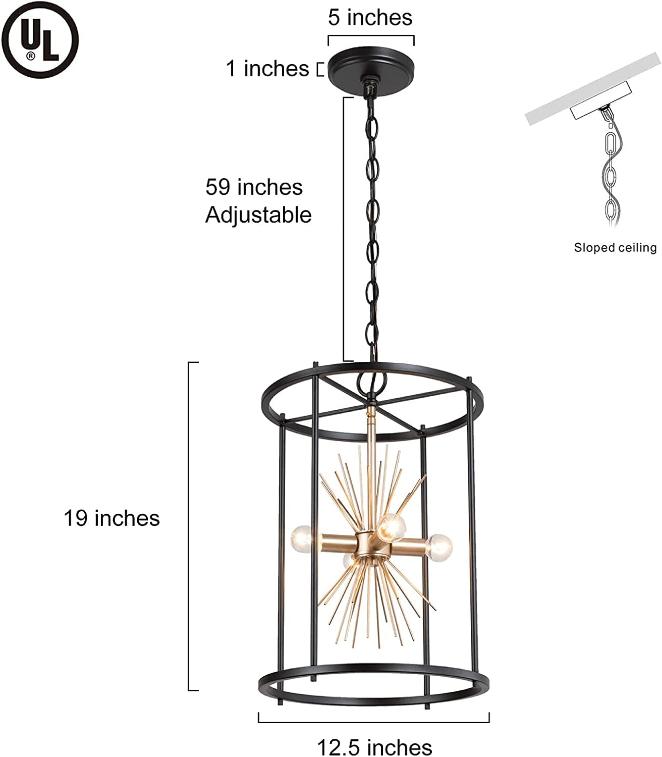 Black and Gold Chandelier, Mid Century Modern Pendant Light Fixture, 4-Light Sputnik Satellite Lantern Cage Chandelier for Entryway, Foyer, Dining Room, Kitchen Island, 12.5”D X 19”H